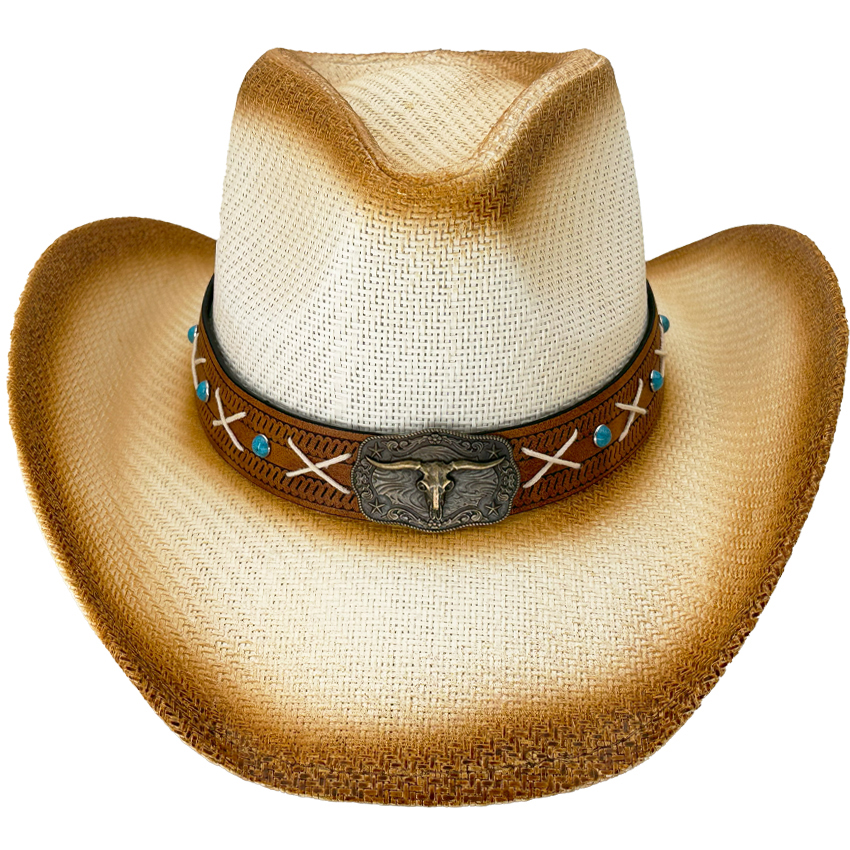 Paper Straw Brown Shade WESTERN Cowboy Hat with Long Horn Bull Laced Band