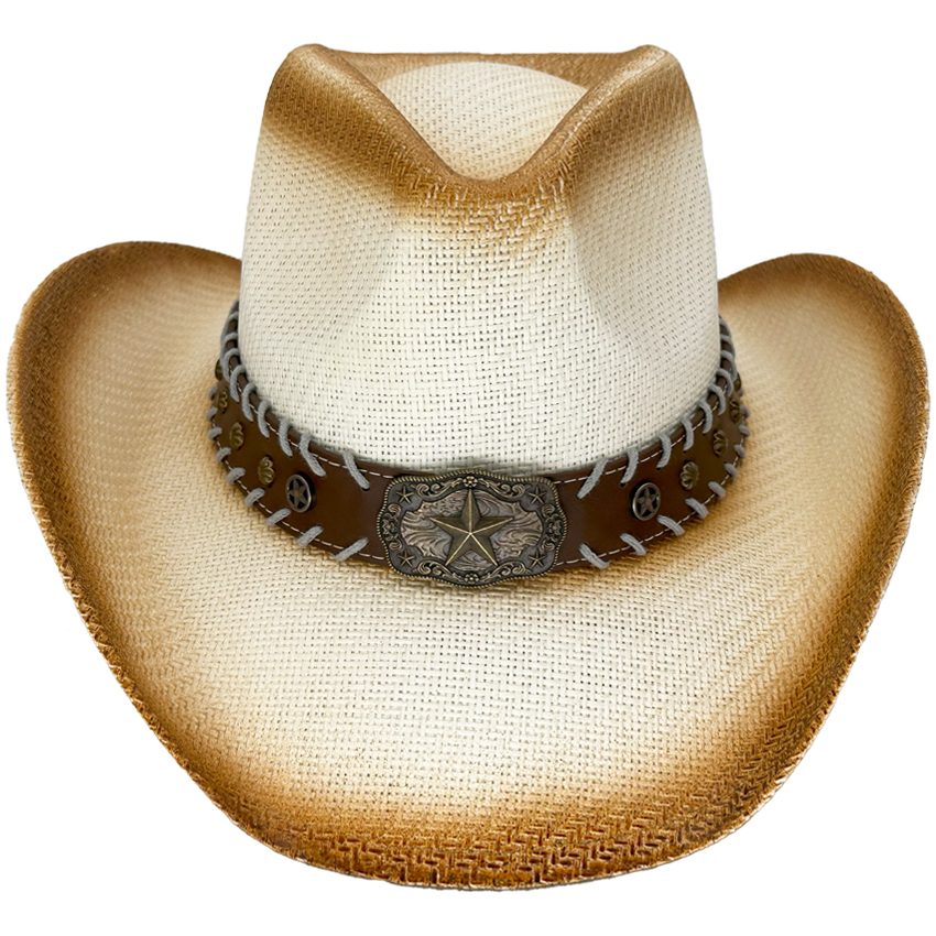 Paper Straw Brown Shade Western COWBOY HAT with Star Laced Edge Band