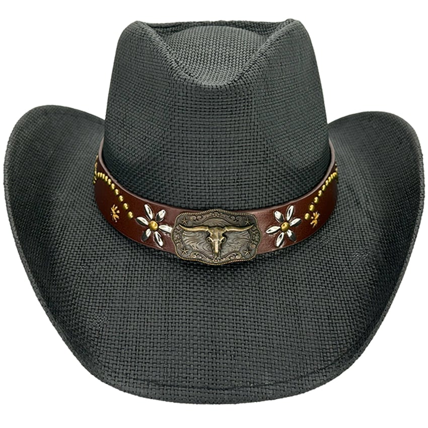 Paper Straw Bull Style Leather Band Black Western COWBOY HAT