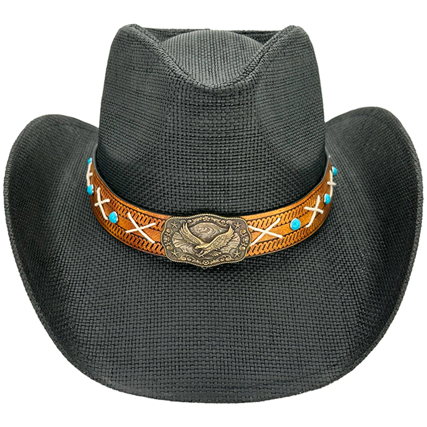 Paper STRAW Eagle Style Black Western Cowboy HAT with Turquoise Beaded Band