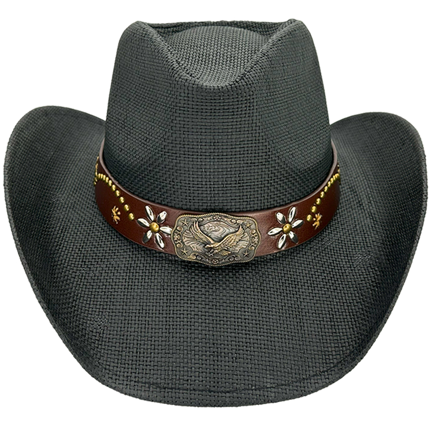 Paper Straw EAGLE Style Leather Band Black Western Cowboy Hat