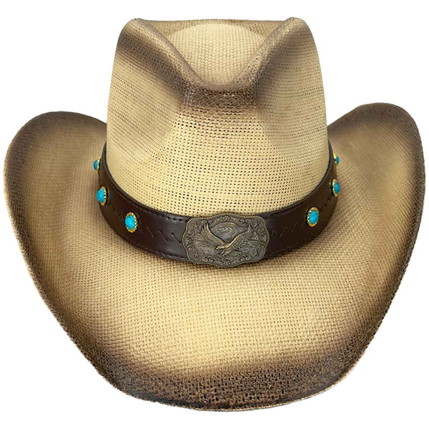 Paper STRAW Eagle Turquoise Bead Stitched Band Brown Cowboy HAT