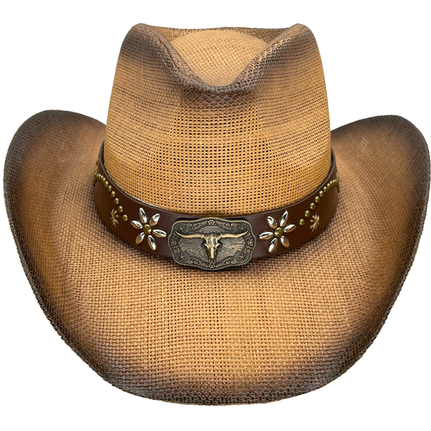 Paper Straw Long Horn Bull Band Brown COWBOY HAT