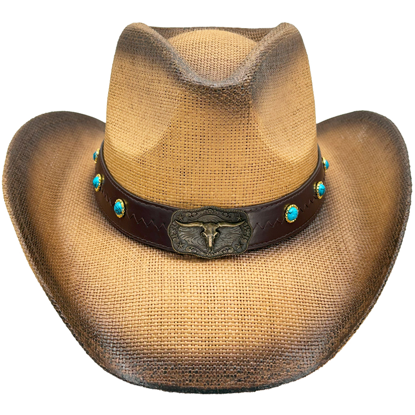 Paper Straw Long Horn Bull Turquoise BEAD Band Brown Cowboy Hat