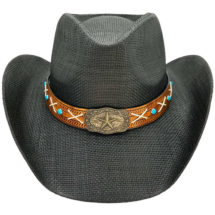 PApEr StrAw STAR StylE BlAck WEstErn Cowboy HAt with TurquoisE BEAdEd BAnd