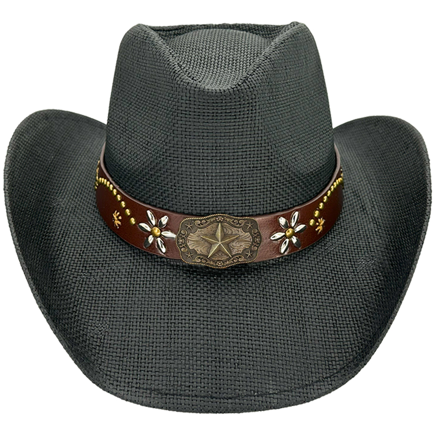Paper Straw Star Style Leather Band Black Western Cowboy HATs for Men