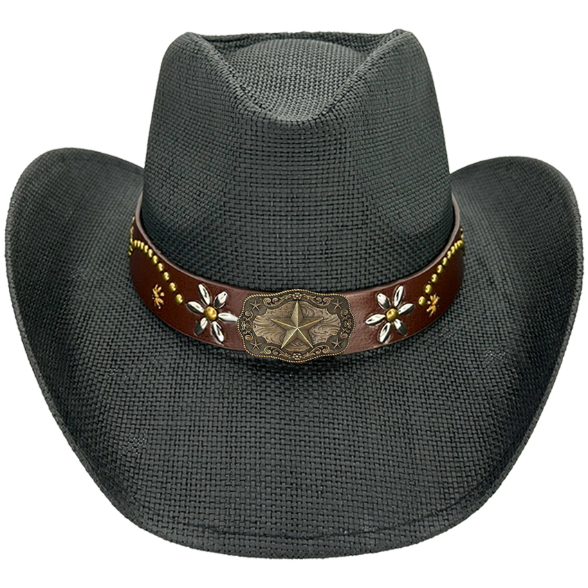 Black Western COWBOY HATS for Men - Paper Straw Star Style Leather Band 