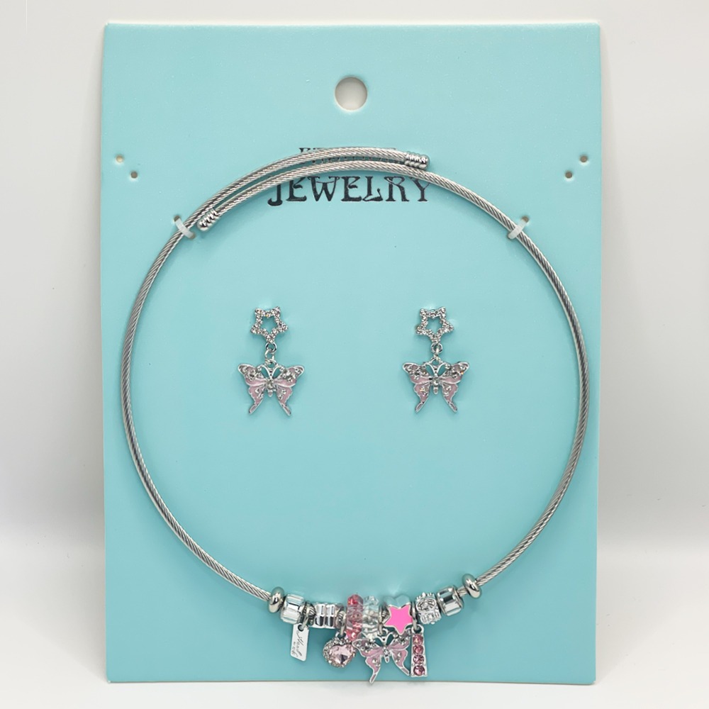 Stainless Steel Charm Necklace and EARRINGS Set - Elegant Pink Butterfly Design