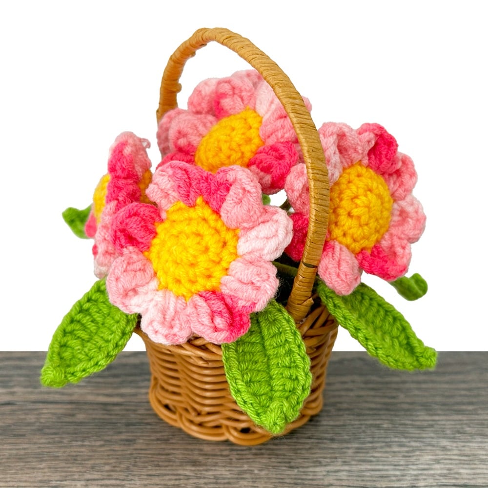 Pink Crochet Sunflowers in Basket with HANDLE