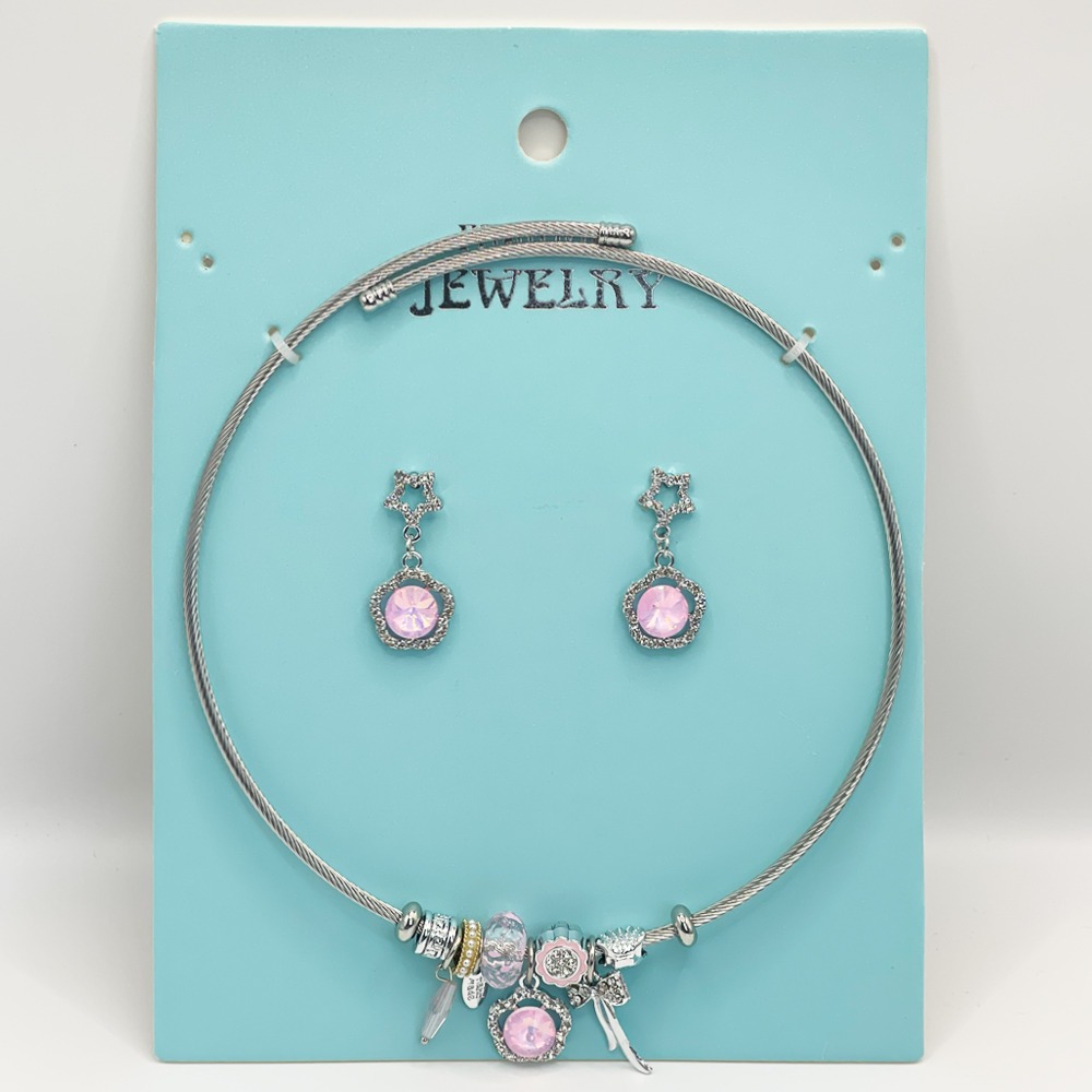 Stainless Steel Charm Necklace and EARRINGS Set - Pink Rhinestone Gemstone Design