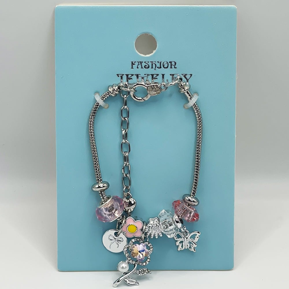 Adjustable Stainless Steel Charm Bracelet with Pink Rhinestone Rose and BANGLE Design
