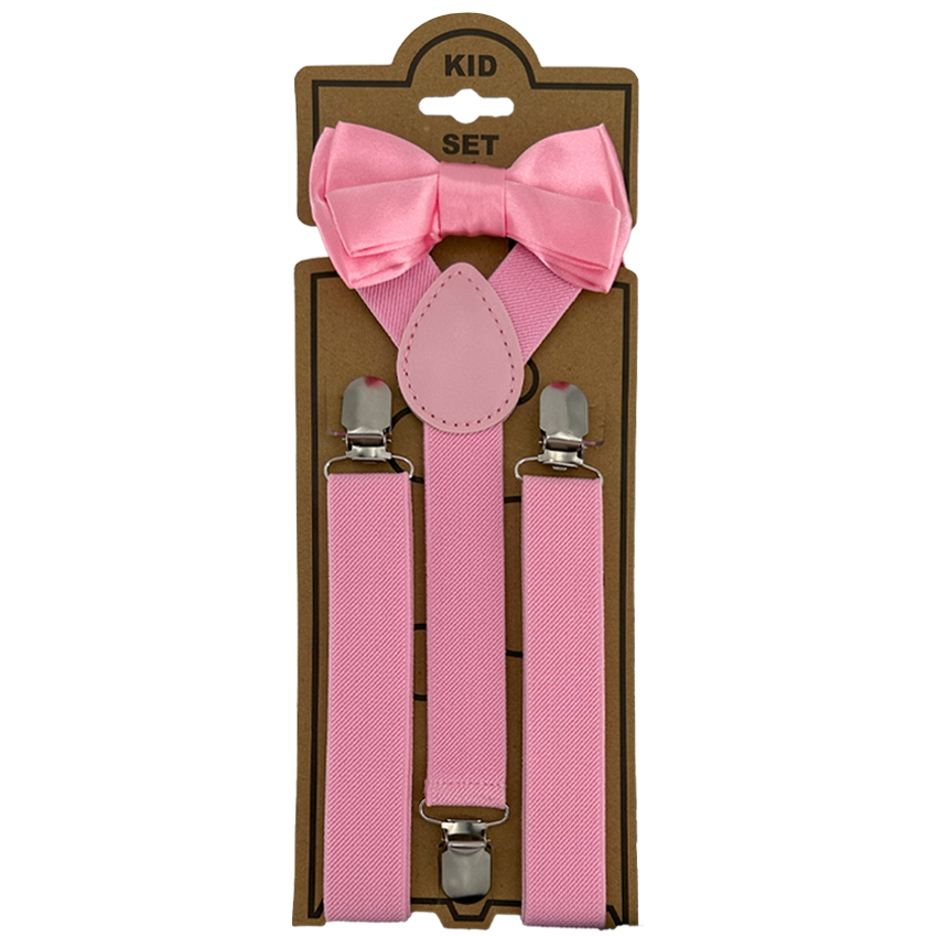 Adjustable Bowtie SUSPENDER Set for Kids - Elastic Y-Back Design with Strong Metal Clips - Pink