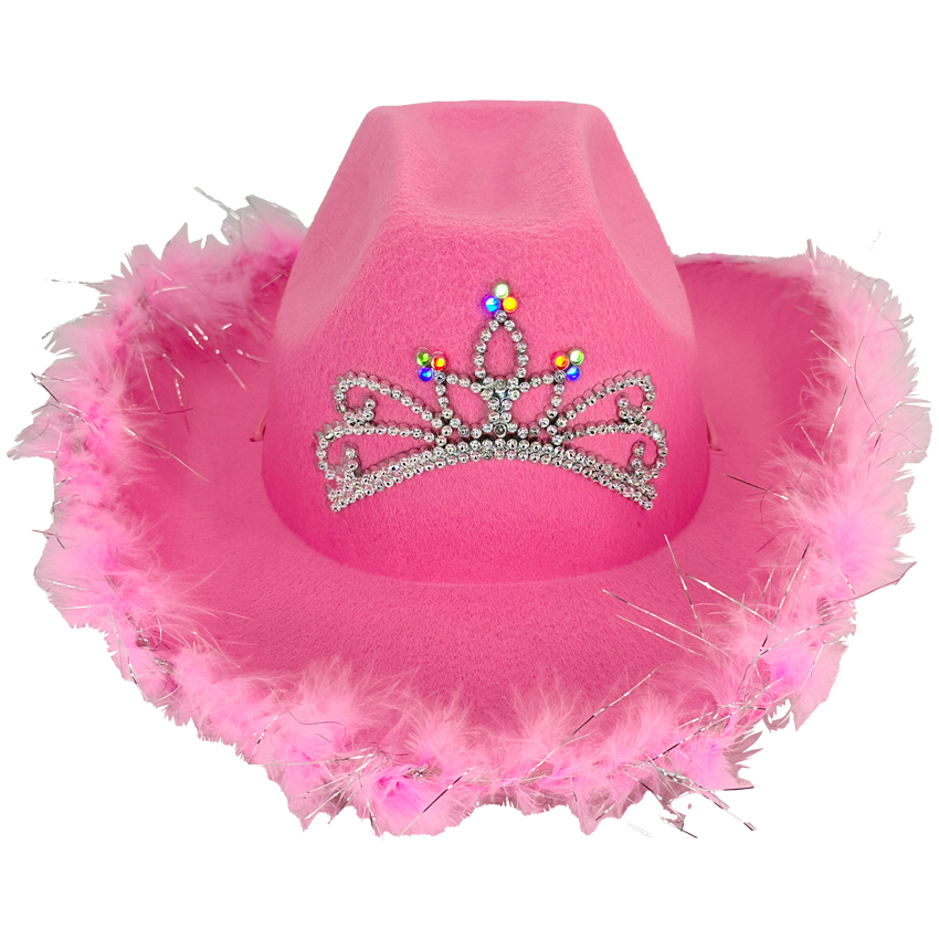 Light-up Pink Cowgirl HATs with Feathers for Kids - Tiara Crown