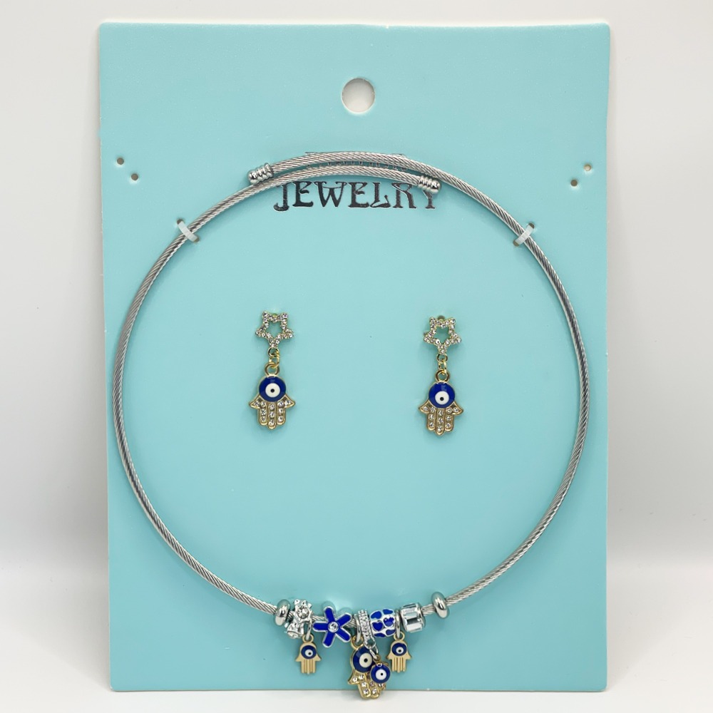 Stainless Steel Charm Necklace and EARRINGS Set - Evil Eye Protective Charms