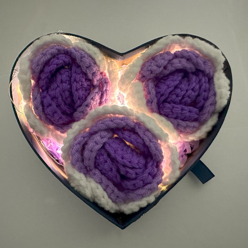 Blue Heart Shaped GIFT Box with 3-Purple Gradient Crochet Rose Heads | Small Size