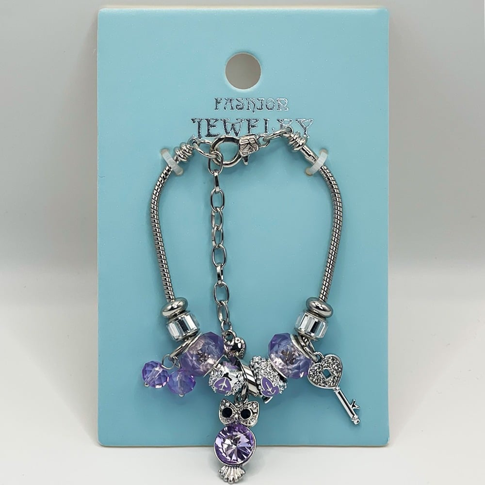 Adjustable Stainless Steel Charm Bracelet with Purple OWL and Bangle Design 