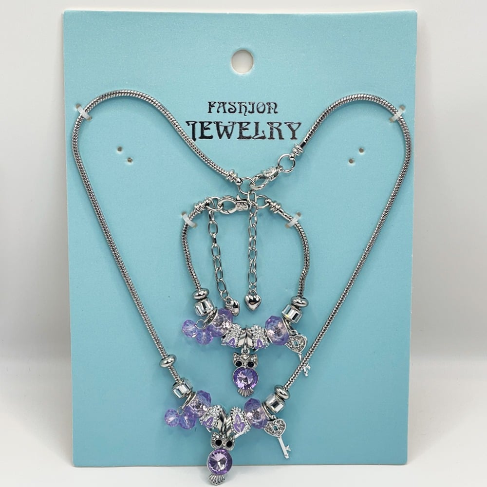 Adjustable Stainless Steel Charm Bracelet and Necklace Set with Purple Gemstone OWL Design