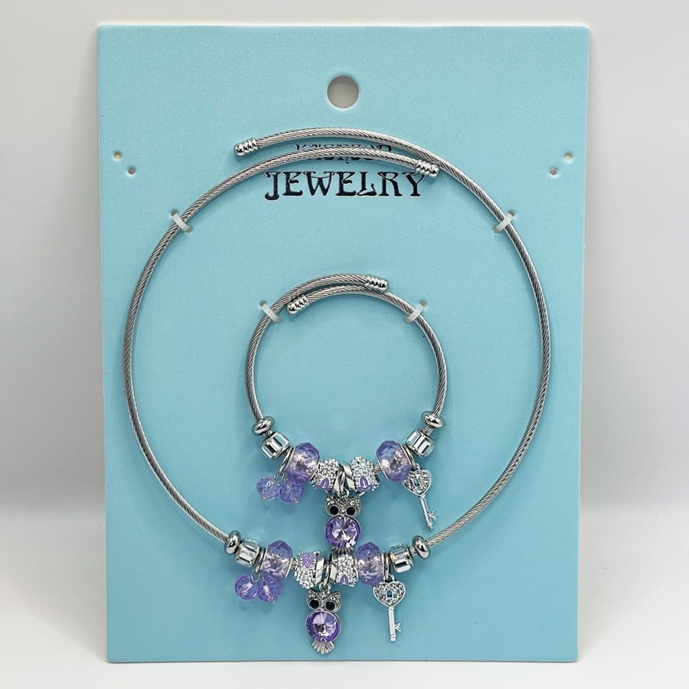 Stainless Steel Charm Bracelet and Necklace Set - Rhinestone Purple OWL Design