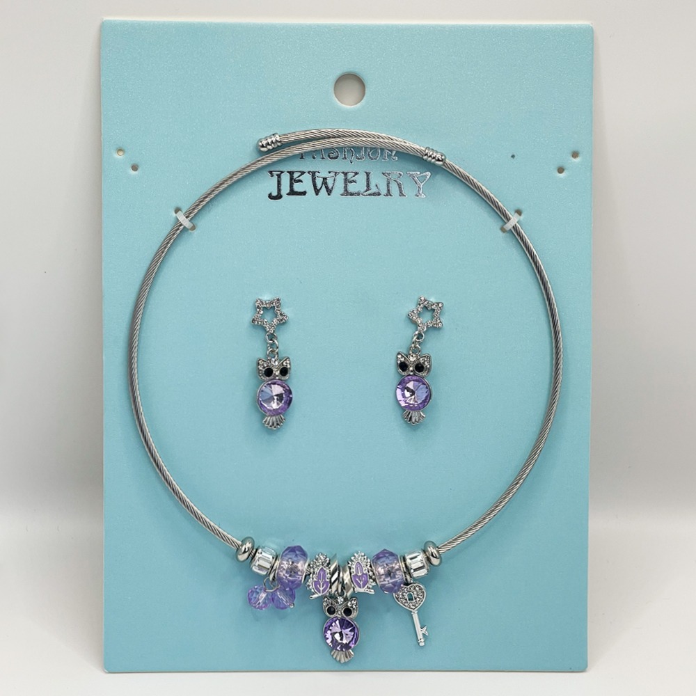 Stainless Steel Charm Necklace and EARRINGS Set - Rhinestone Purple Owl Design