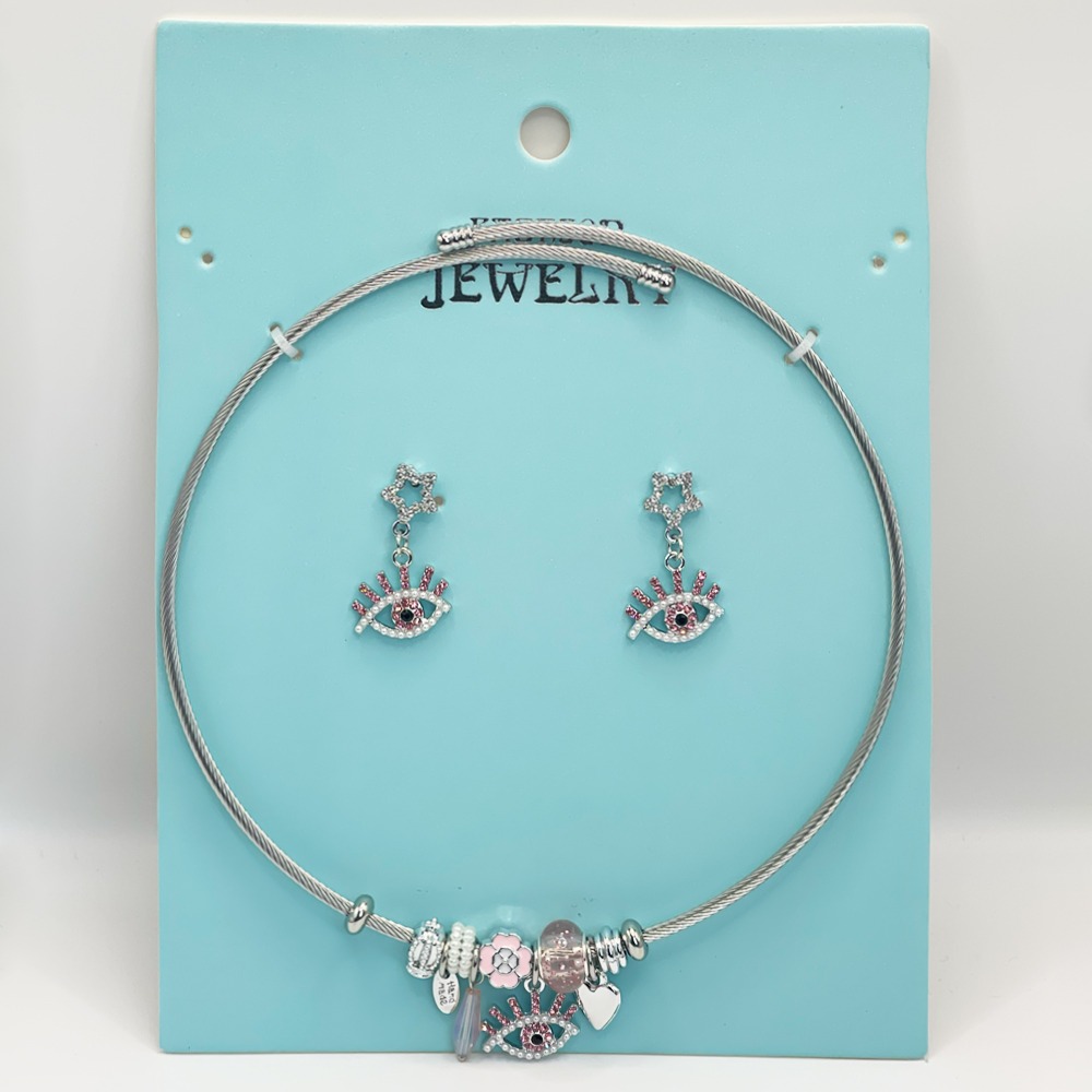 Stainless Steel Charm Necklace and EARRINGS Set - Pink Protective Eye Charms