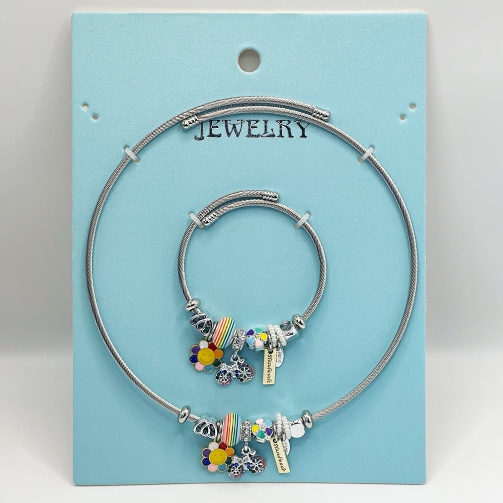 Stainless Steel Charm Bracelet and Necklace Set - Rainbow Sunflower and BIKER Design