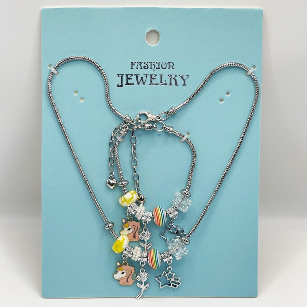 Adjustable Stainless Steel Charm Bracelet and Necklace Set with Rainbow Beads and UNICORN Charms