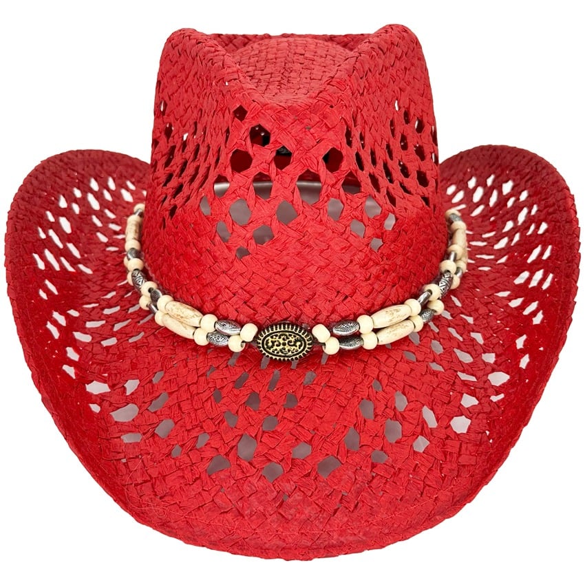 Hollow Hot Red Straw Beach Cowboy Hats with with VINTAGE Beaded Hatband