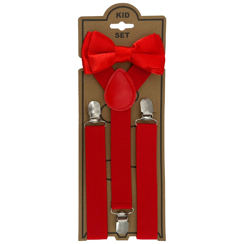 Adjustable Bowtie Suspender Set for Kids - ELASTIC Y-Back Design with Strong Metal Clips - Red