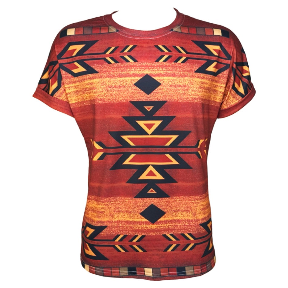 Red Unisex Western T-Shirts - Native American Aztec Pattern Crew Neck SHORT Sleeve