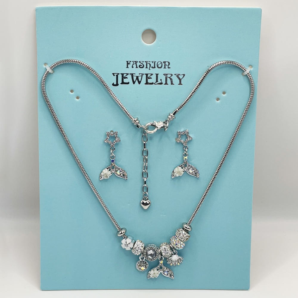 Adjustable Stainless Steel Charm Necklace and EARRINGS with Rhinestone Caudal Fin Design