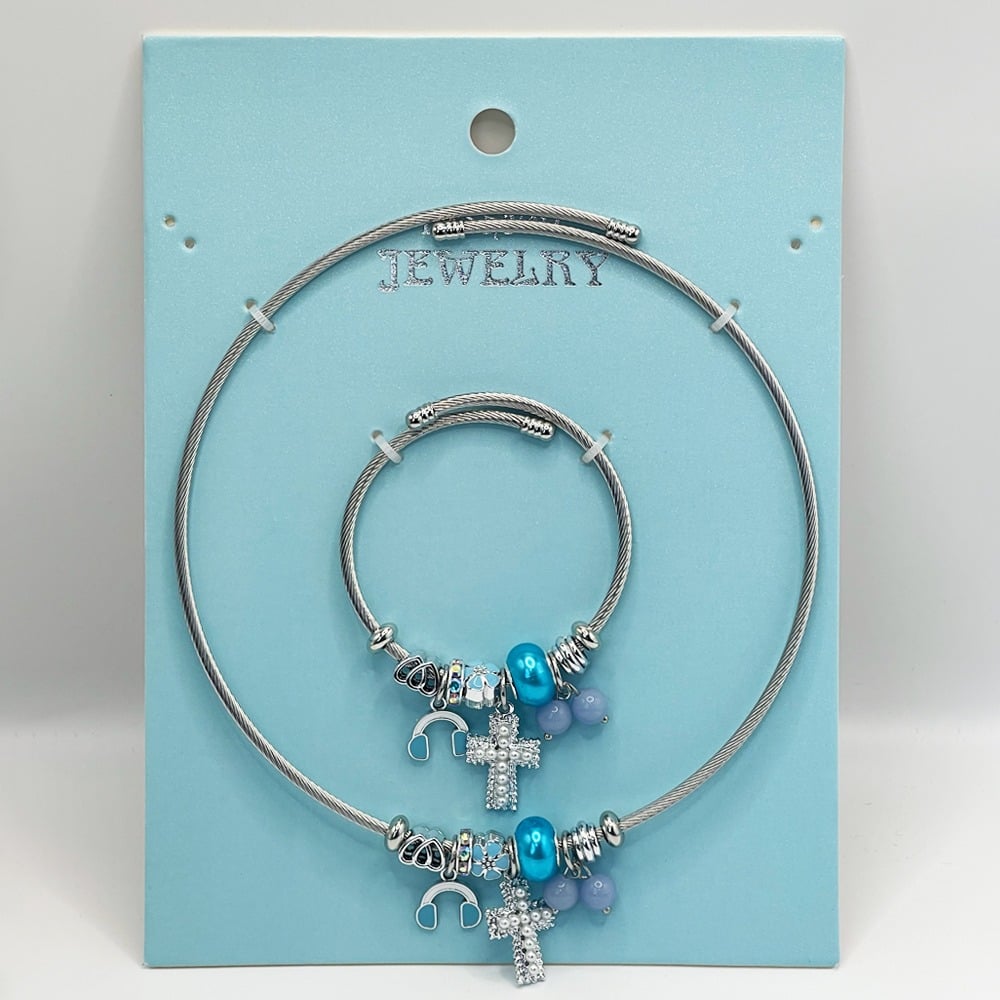 Stainless Steel Charm Necklace and Bracelet Set - Rhinestone Cross and Blue BANGLEs