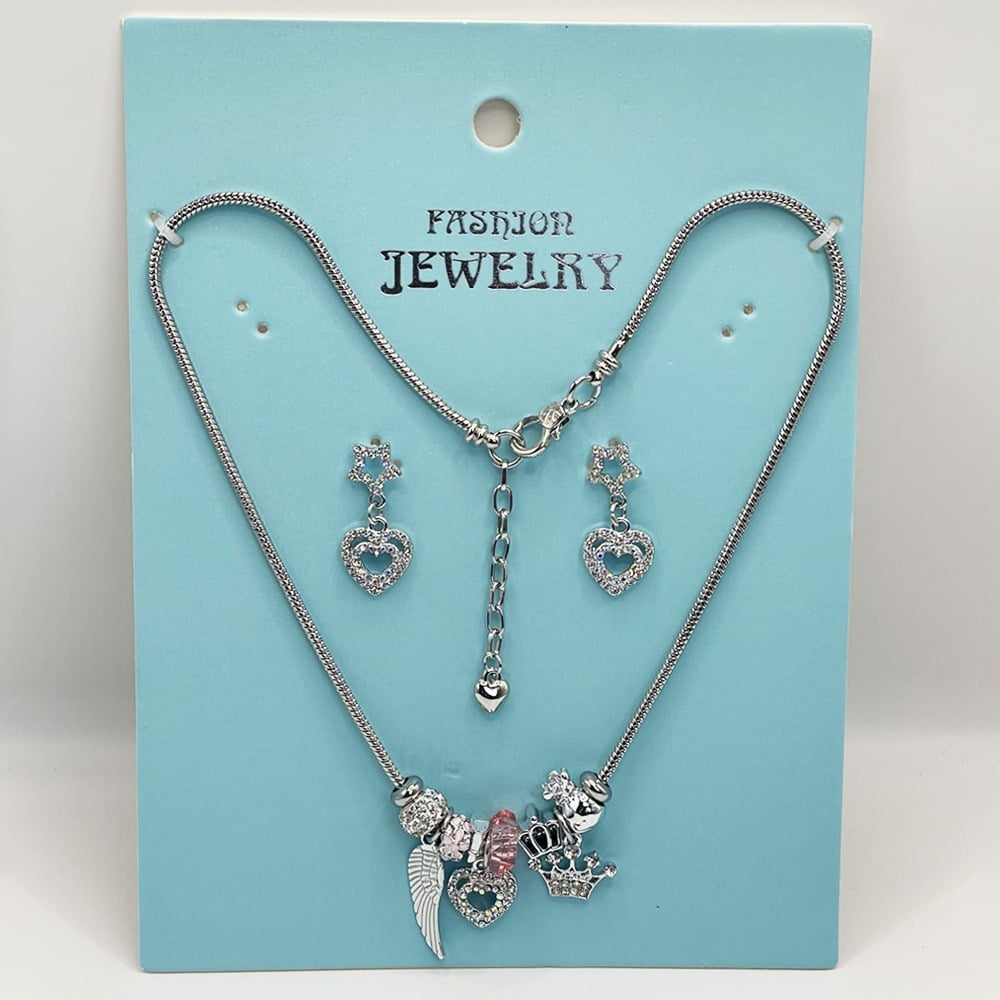 Adjustable Stainless Steel Charm Necklace and EARRINGS with Rhinestone Heart Design