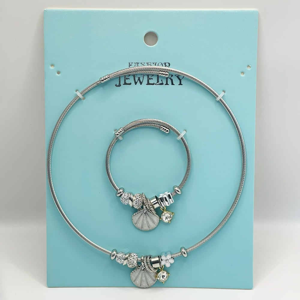 Stainless Steel Charm Necklace and Bracelet Set - Sea Shell and PEARLs Design