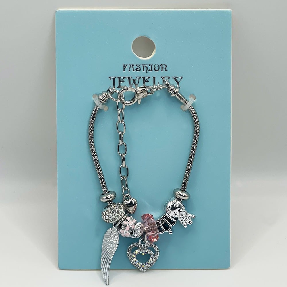 Adjustable Stainless Steel Charm Bracelet with Rhinestone Heart and BANGLE Design