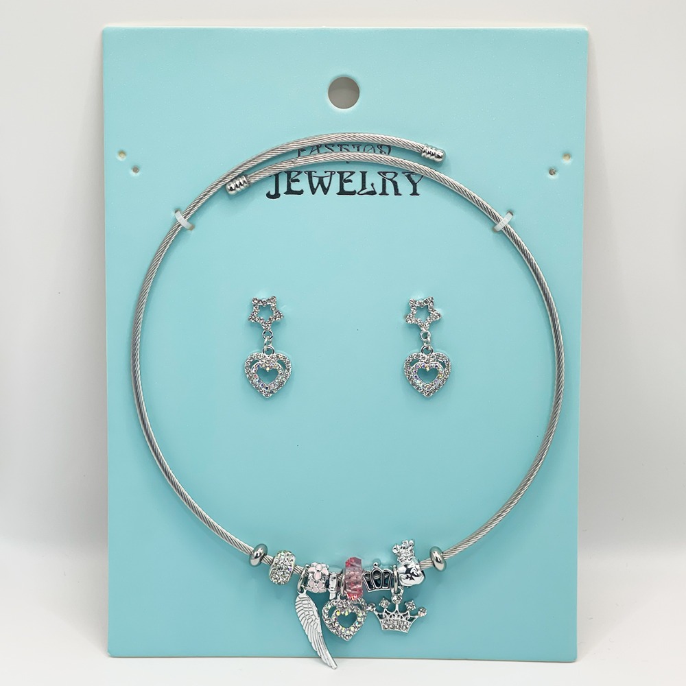 Stainless Steel Charm Necklace and EARRINGS Set - Rhinestone Heart Design