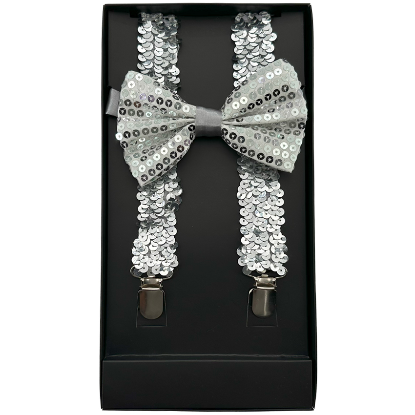 Silver Sequin AB SUSPENDERS and Bowtie Set