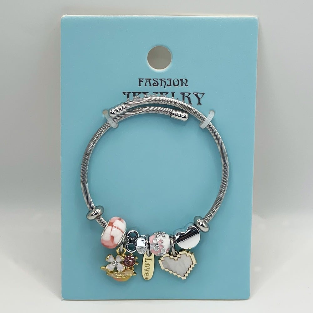 Stainless Steel CHARM Bracelet with Love Bird and Heart Design