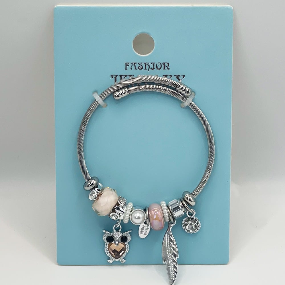 Stainless Steel Charm Bracelet with Cute OWL Gemstone Design