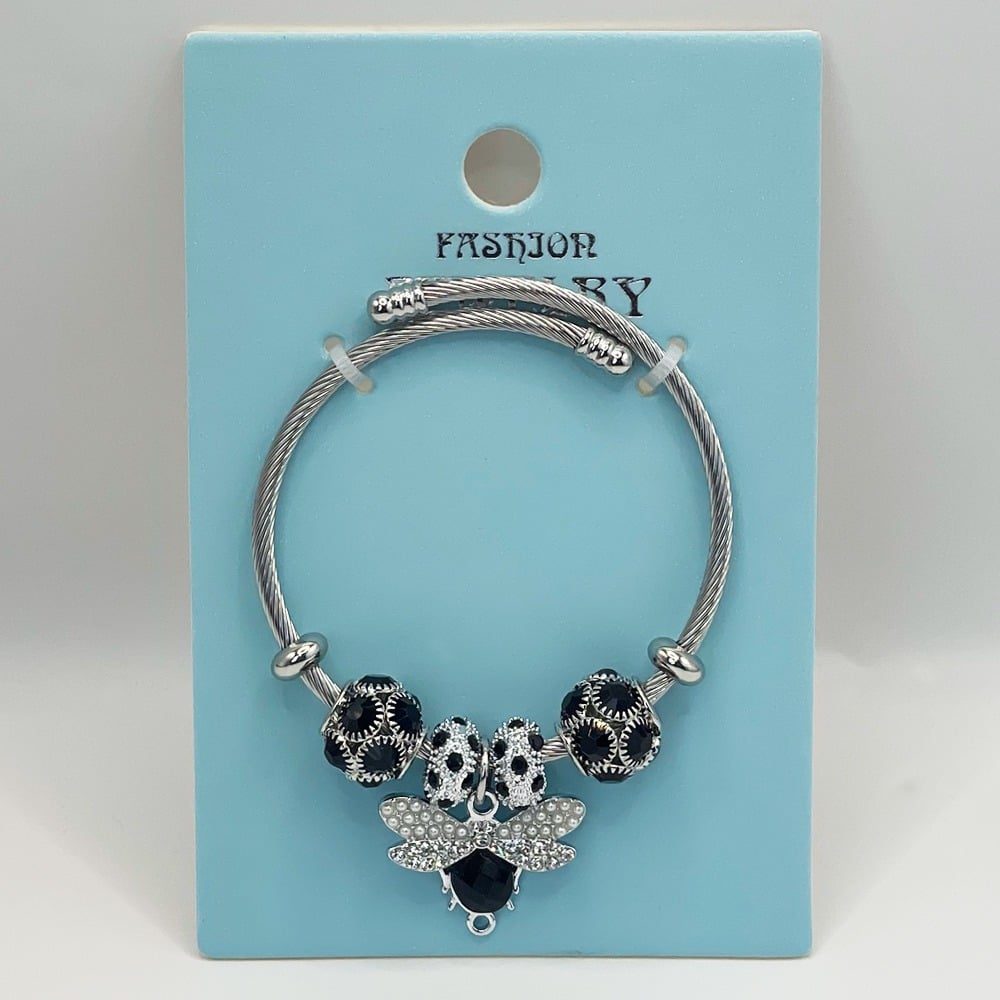 Stainless Steel CHARM Bracelet with Dark Ladybug and Beads Design