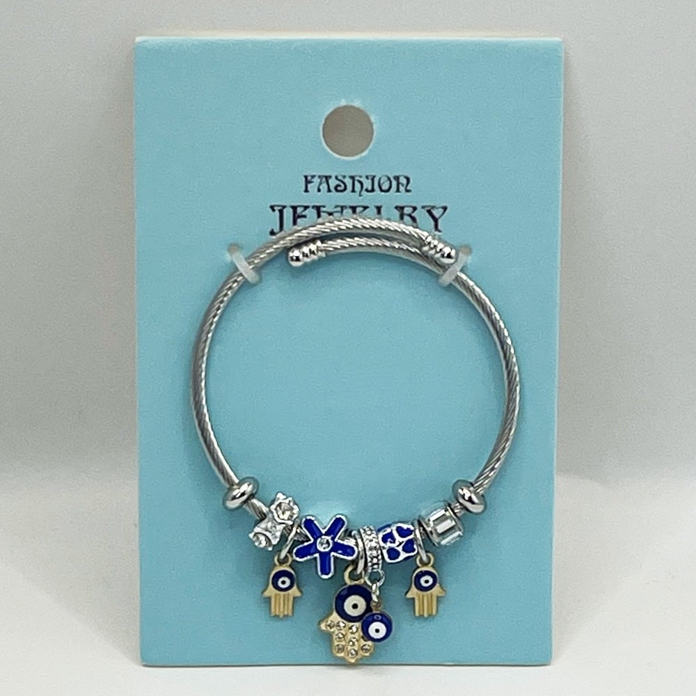 Silver Stainless Steel CHARM Bracelet with Blue Evil Eye Protection Design