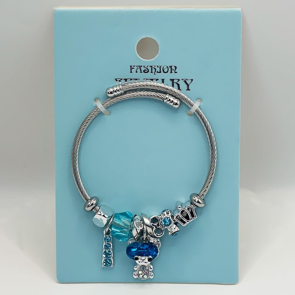 Stainless Steel Charm Bracelet with Blue DOLL and Gemstones Design