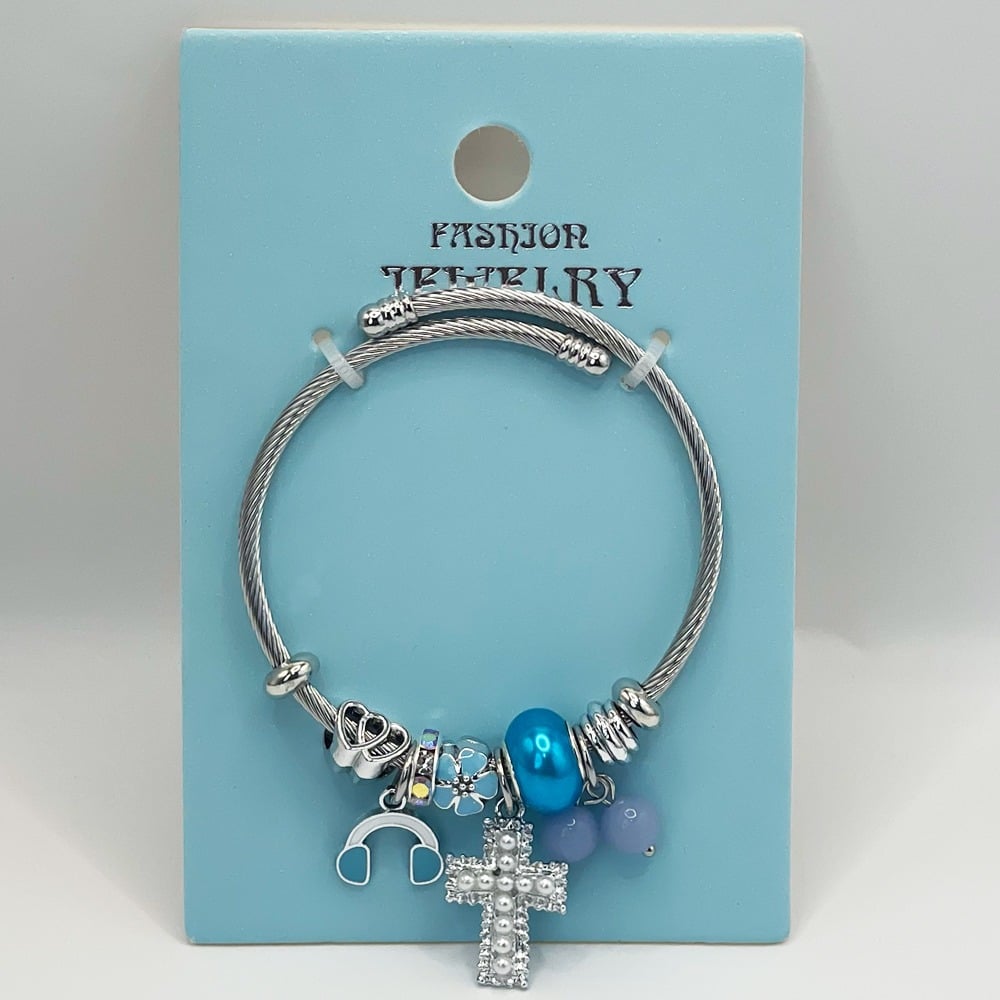 Stainless Steel CHARM Bracelet with Blue Beads and Rhinestone Cross Design