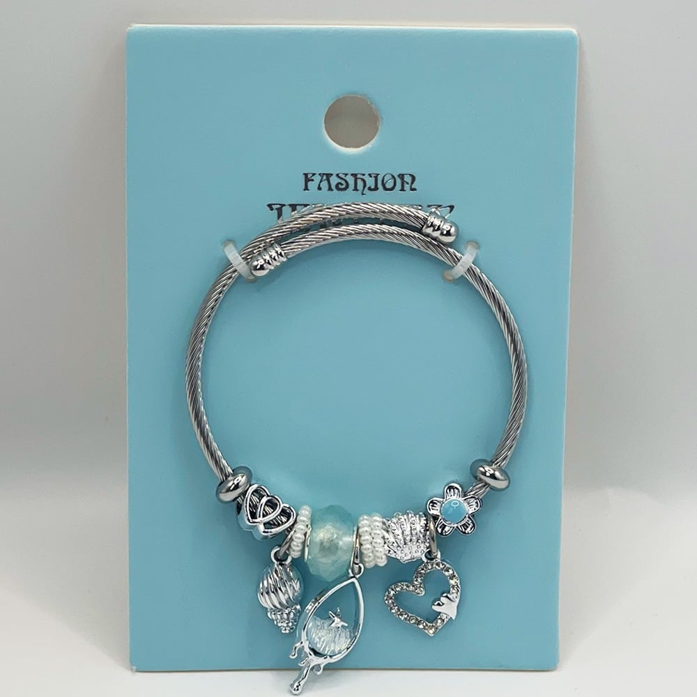 Silver Stainless Steel CHARM Bracelet with Ocean Blue Sea Shell Design