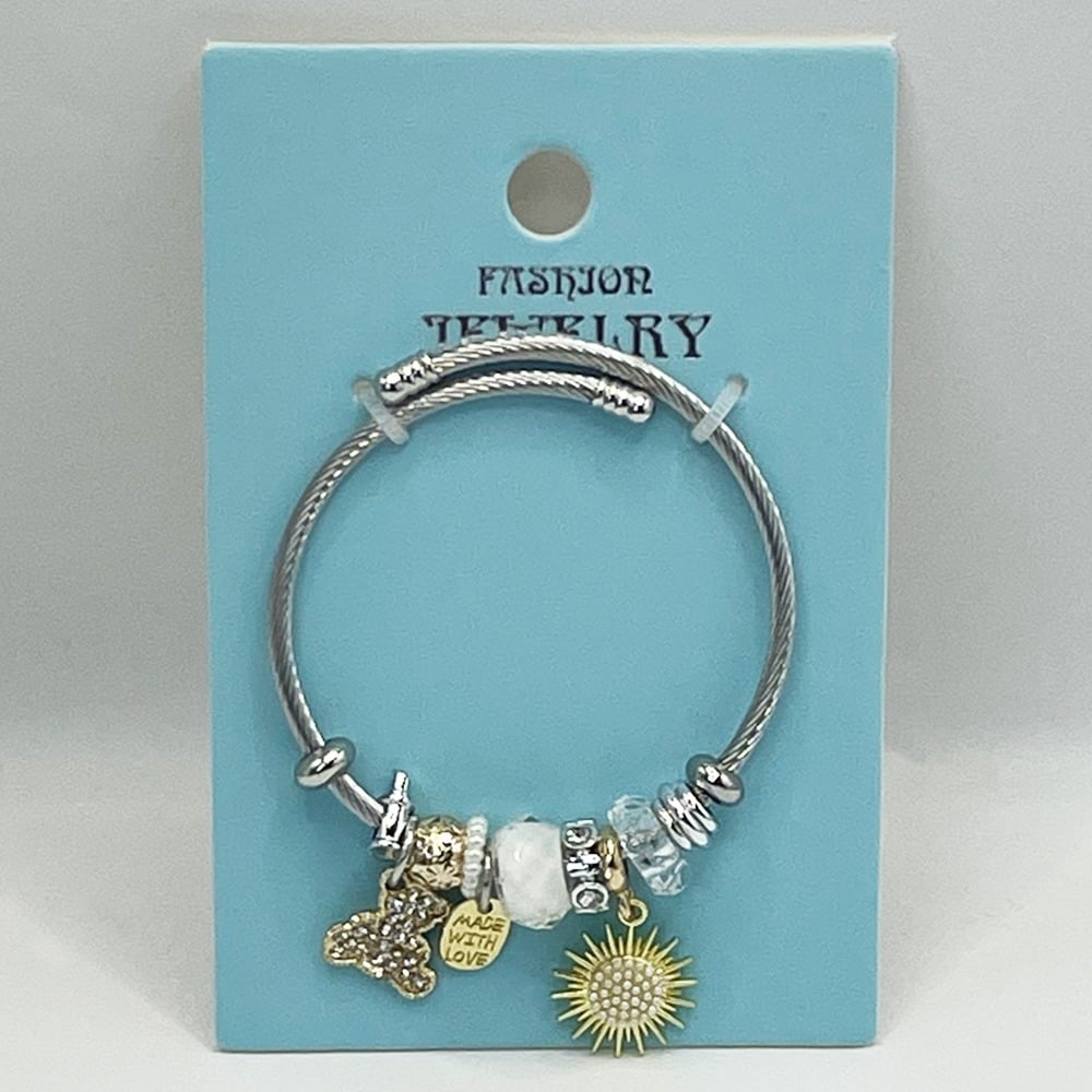 Silver Stainless Steel CHARM Bracelet with Golden Sun Design
