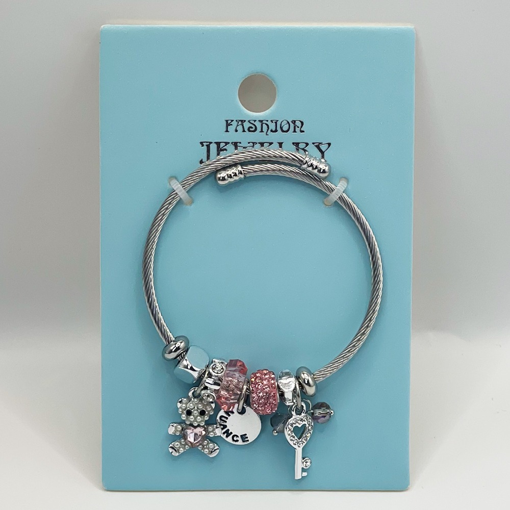 Stainless Steel Charm Bracelet with Pink Gemstones and BEAR Design
