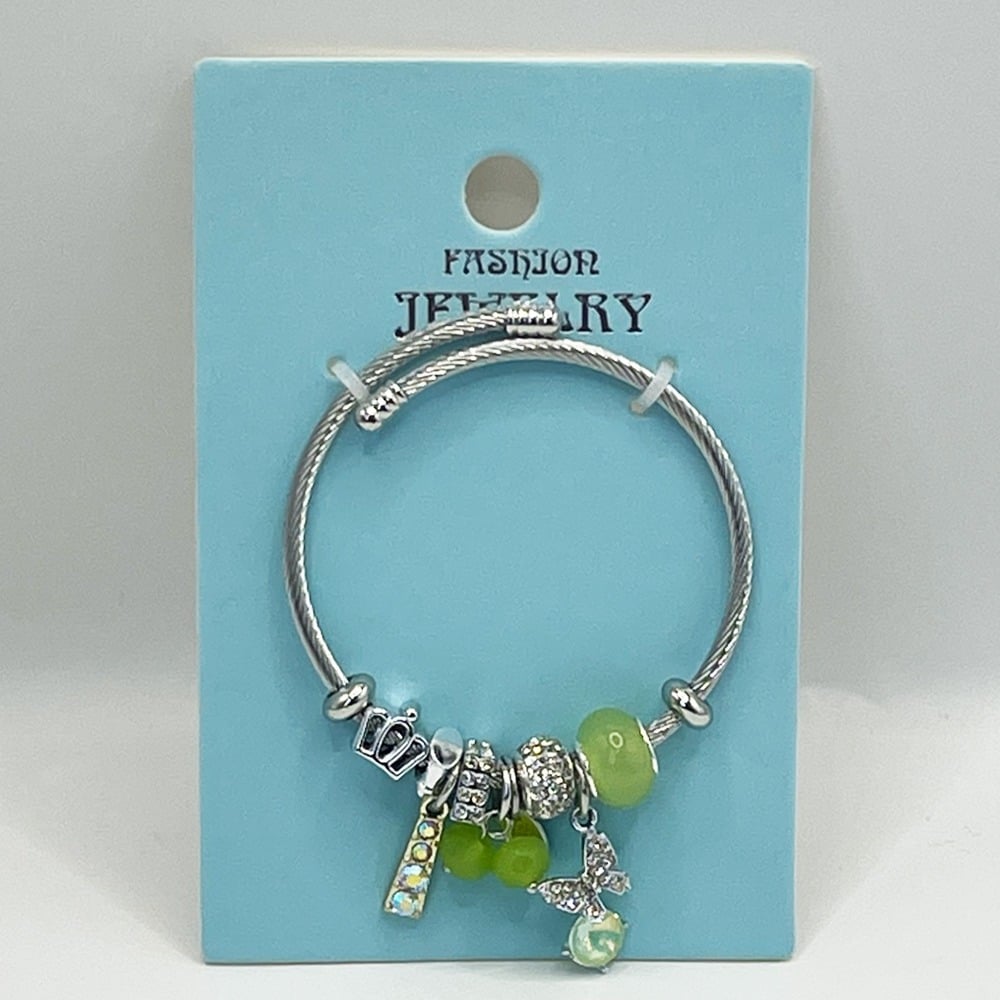 Stainless Steel CHARM Bracelet with Jade Green Gemstones Design