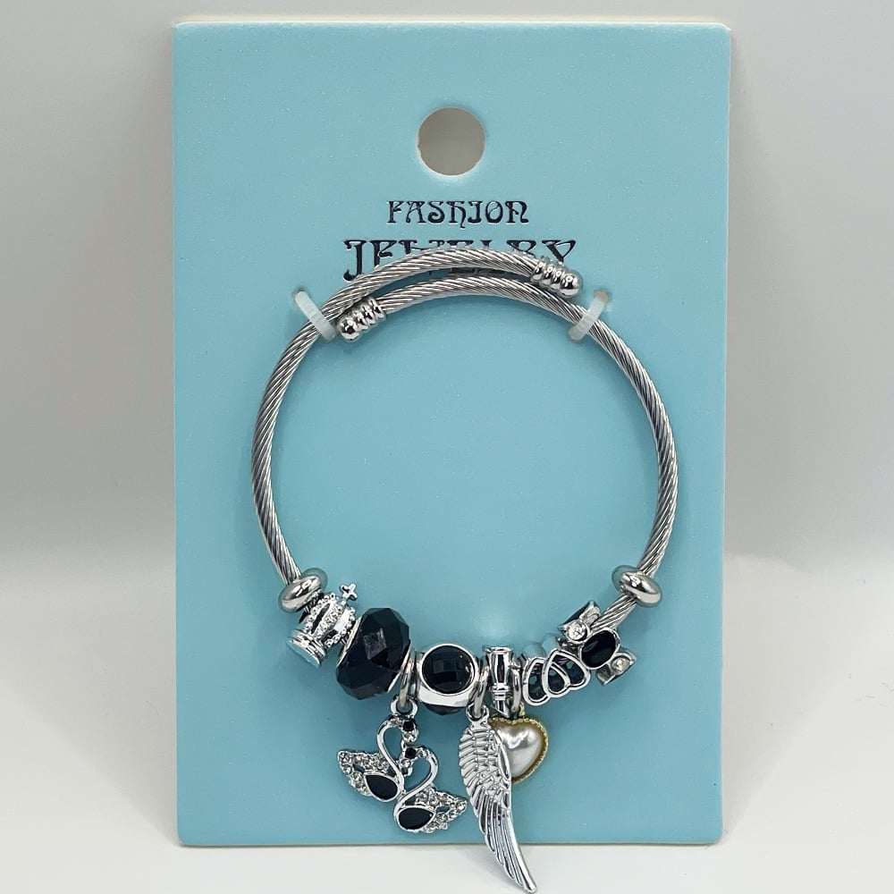 Stainless Steel CHARM Bracelet with Black Beads and Swan Design