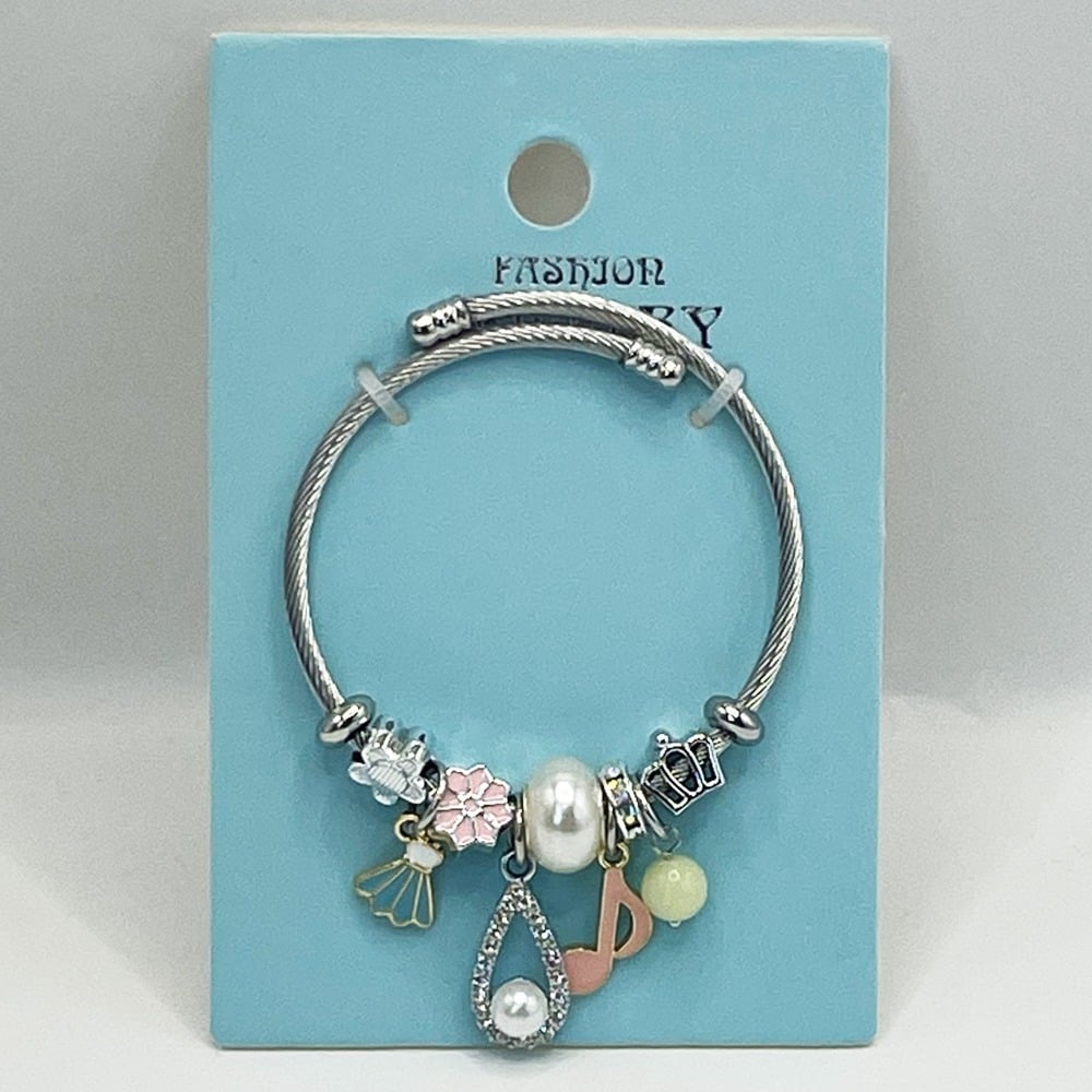 Stainless Steel Charm Bracelet with Rhinestone PEARL and Music Note Design