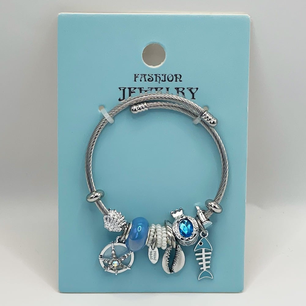 Stainless Steel CHARM Bracelet with Ocean Blue Nautical CHARMs