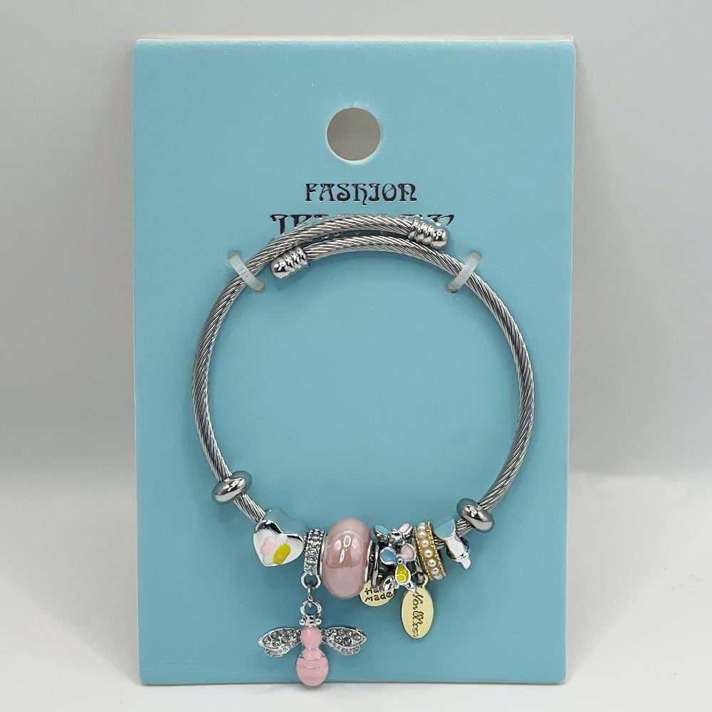 Stainless Steel CHARM Bracelet with Pink Queen Bee and Beads Design